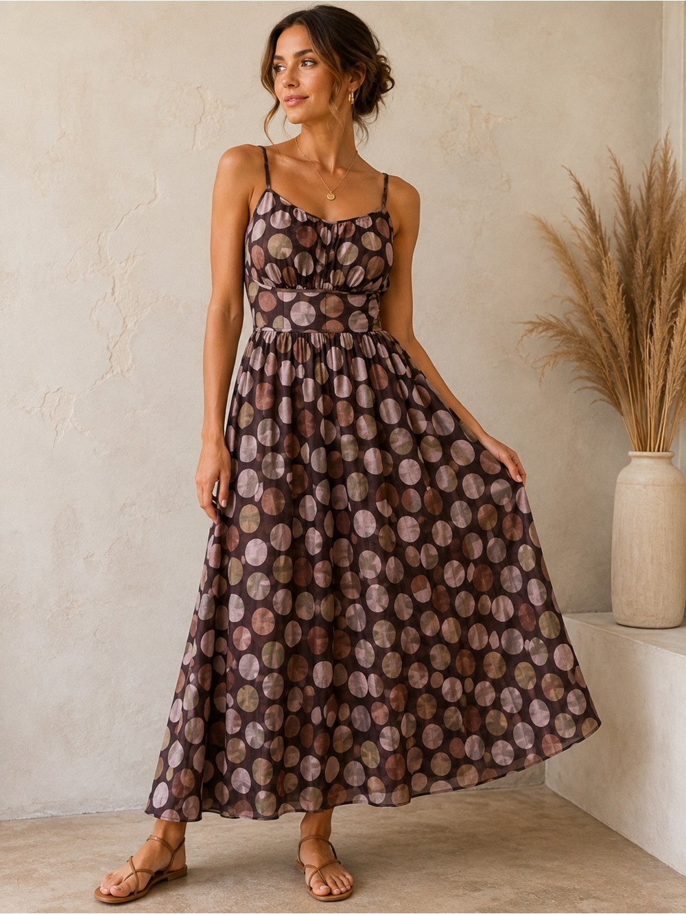 Skunk Brazil Ramie‎ Maxi Dress 42 Brown Abstract Polka Dot Smocked Boho Y2K